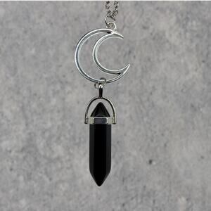 Crescent Moon with Onyx Silver Necklace Boho Fairycore Vintage
